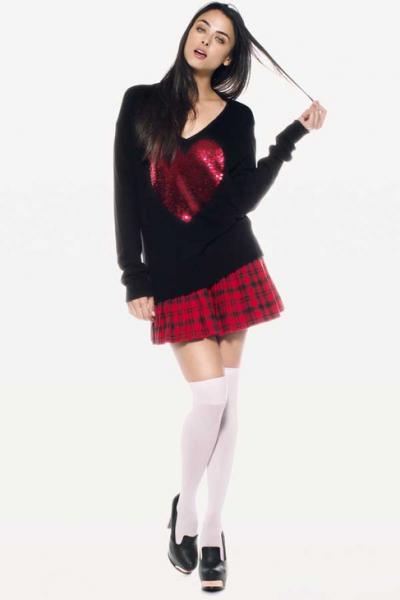 Wildfox Couture Sequin Red Heart V-Neck Sweater in Black