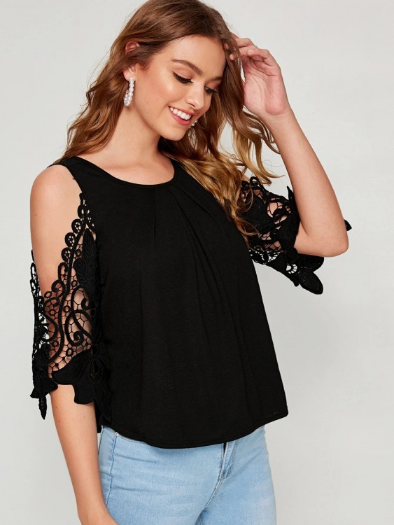 コールド ショルダー ギピュールレース パネル ソリッド トップ