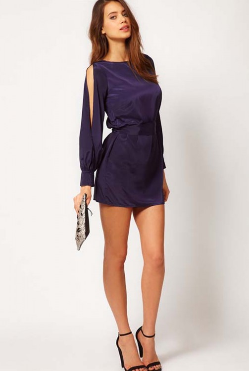 Satin long-sleeve racerback mini dress