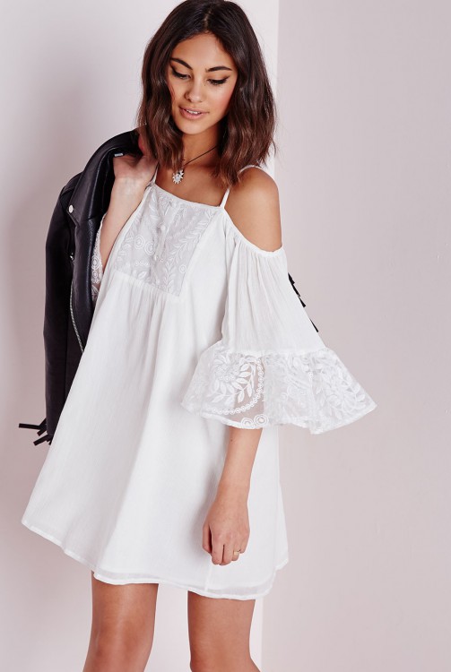 MISSGUIDED Embroidered Cold Shoulder Swing Dress