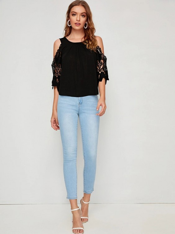 コールド ショルダー ギピュールレース パネル ソリッド トップ