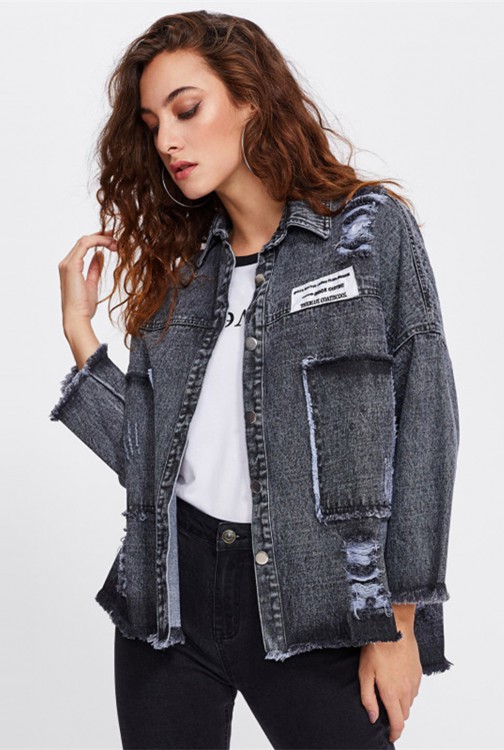 Patch Back Distressed Single Breasted Drop Shoulder Lapel Boyfriend Style Jacket