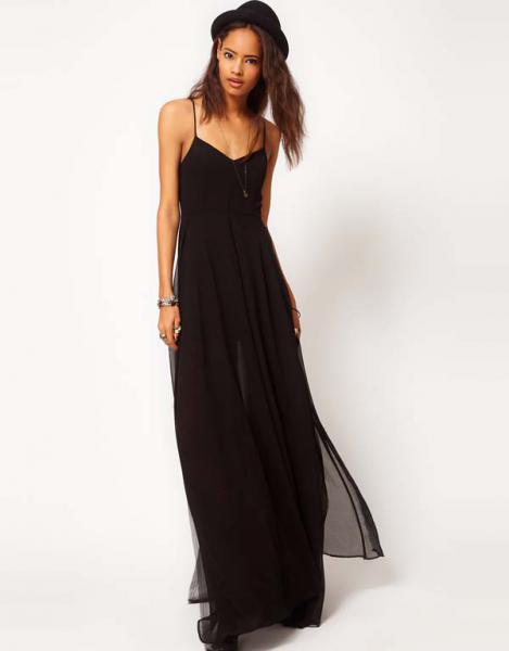 Black double layer floor chiffon skirt spaghetti strap maxi dress