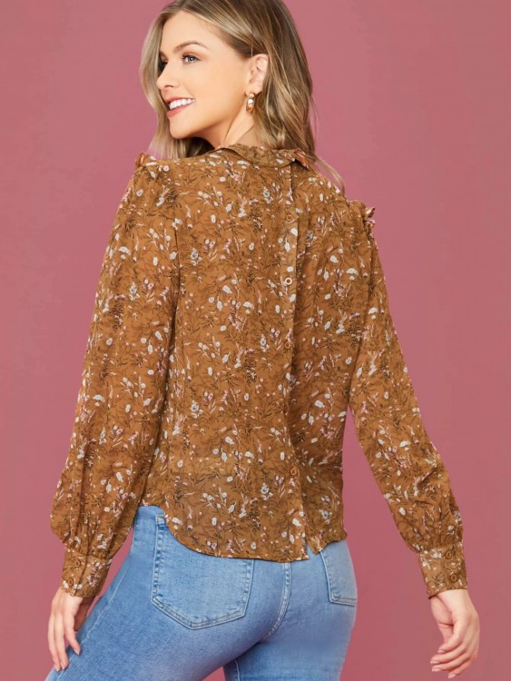 SHEIN ボタニカルプリントボタンバックフリルトリムカーブドヘムトップ