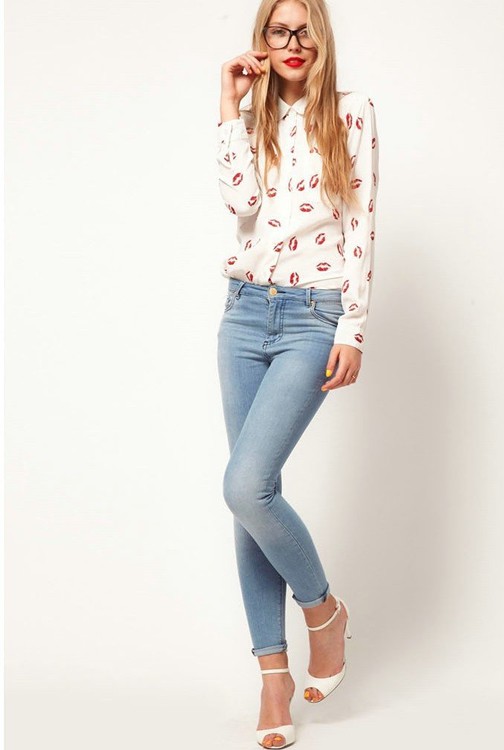 Red Lips Print long sleeve classic chiffion blouse