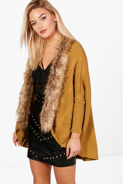 Katie Fur Trim Cable Cocoon Cardigan