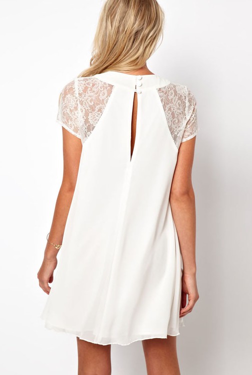 Lace Back Patchwork White Chiffon Dress