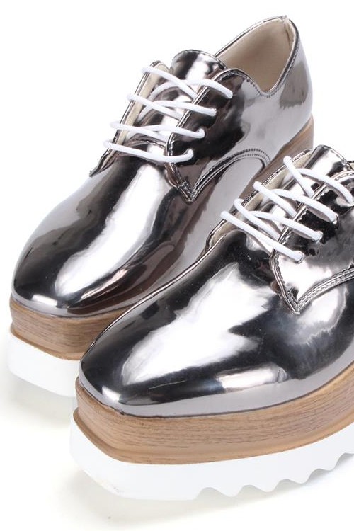 Pointed Toe Lace-up Silver Patent Leather Flats Platform Oxfords