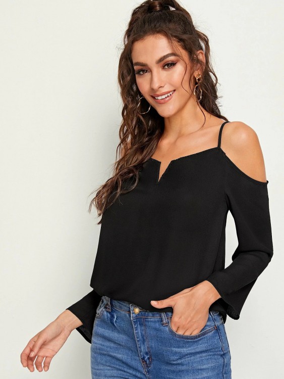 ノッチネック コールドショルダー ソリッド トップ