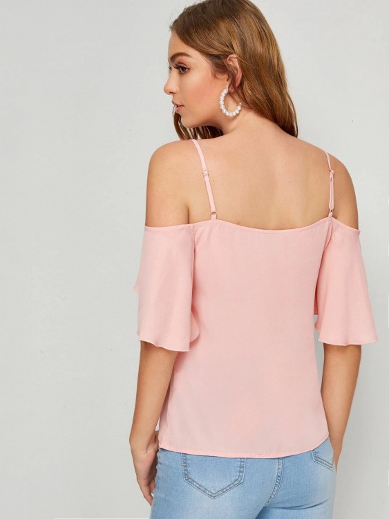 ソリッド コールドショルダー フラウンススリーブ トップ