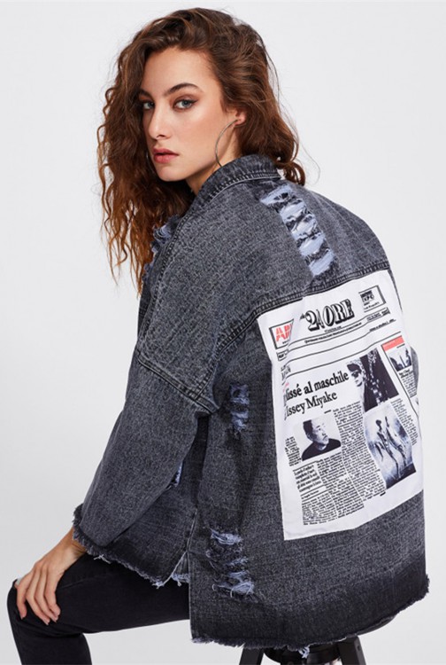 Patch Back Distressed Single Breasted Drop Shoulder Lapel Boyfriend Style Jacket