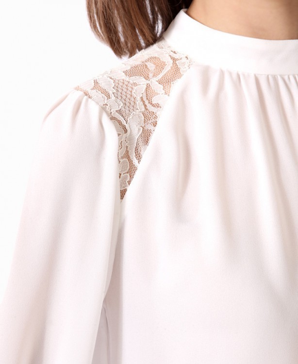 Forever 21 white long sleeved high neck lace panels back bow blouse