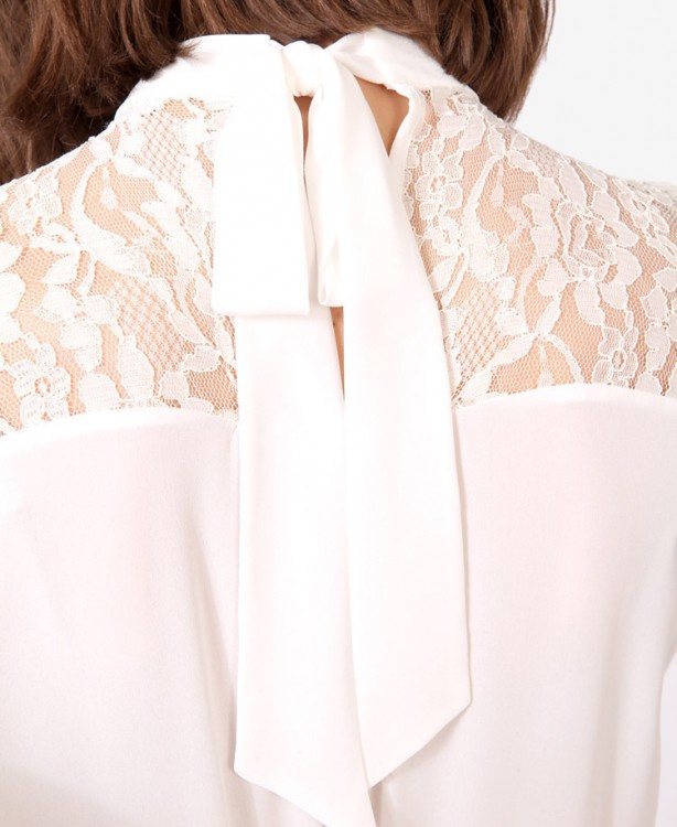 Forever 21 white long sleeved high neck lace panels back bow blouse