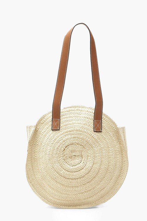 Contrast Handle Handmade Round Straw Bag