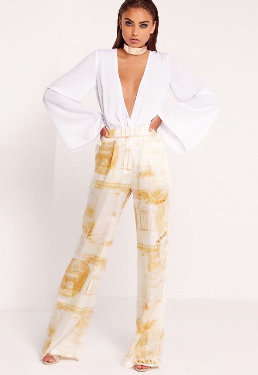 PEACE + LOVE silky dollar print wide leg trousers gold