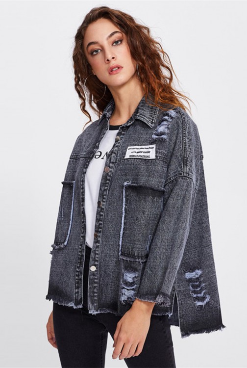 Patch Back Distressed Single Breasted Drop Shoulder Lapel Boyfriend Style Jacket