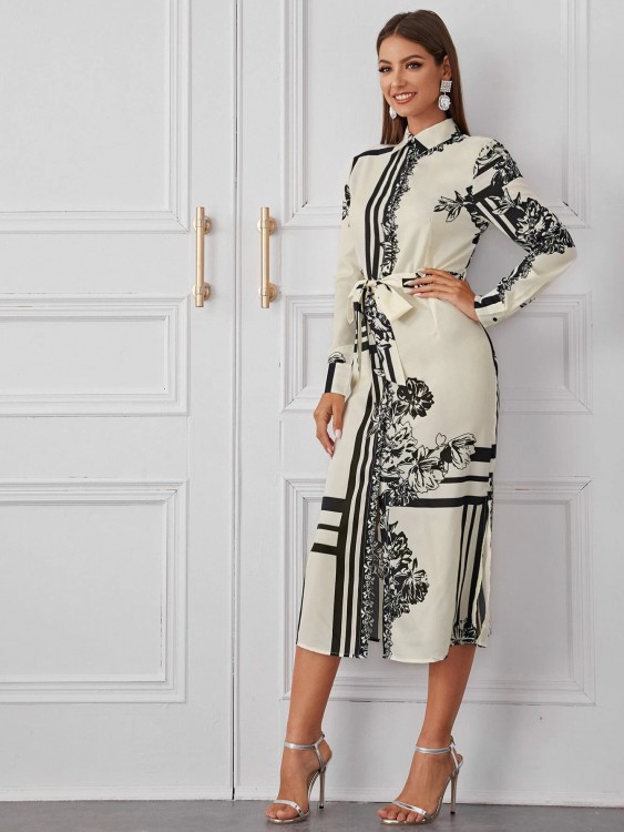 花とジオプリント 分割裾 ベルト シャツドレス