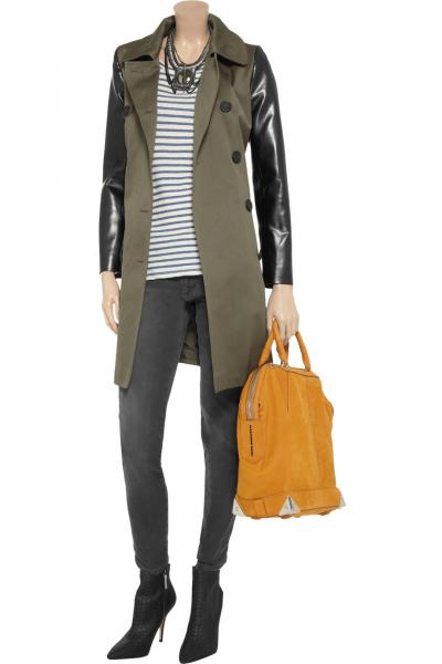 HELENE BERMAN Faux leather-sleeved twill trench coat