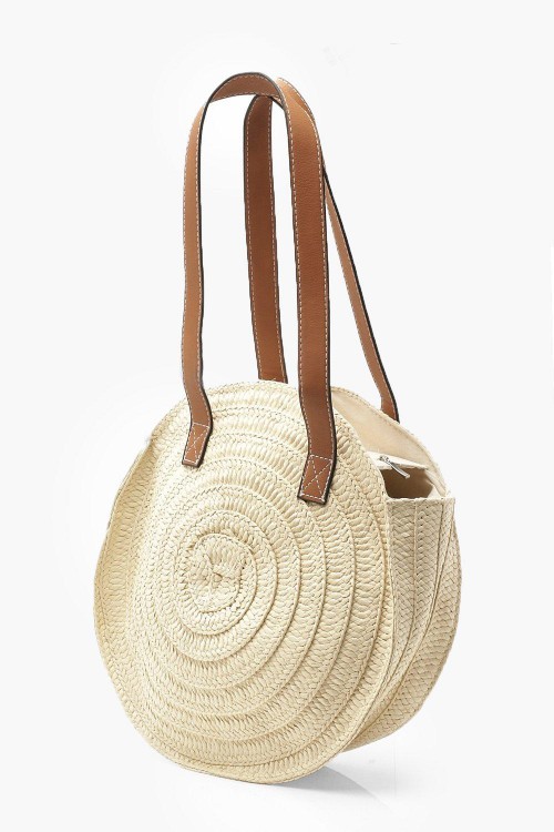 Contrast Handle Handmade Round Straw Bag