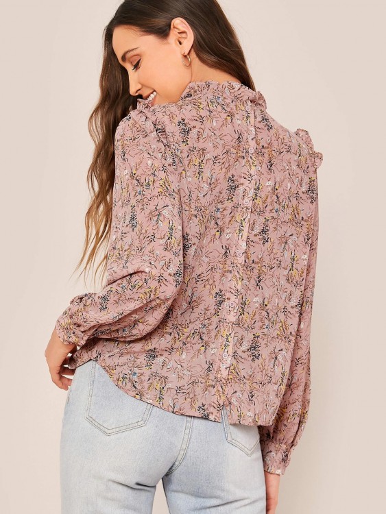 SHEIN ボタン付きバックフリルトリムフローラルプリントブラウス