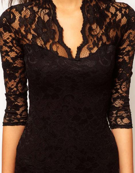 ASOS Lace Dress With Scalloped Neck Slim Flower V-Neck 3/4 Sleeve