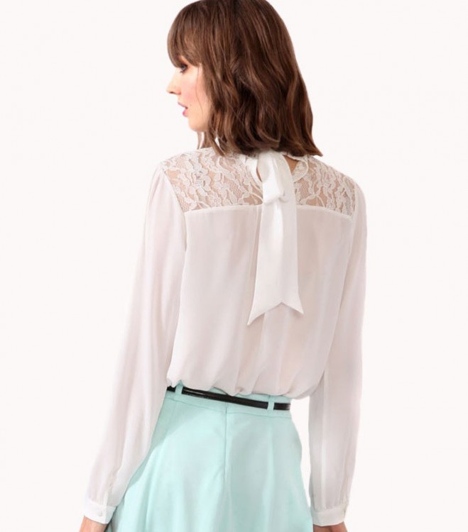 Forever 21 white long sleeved high neck lace panels back bow blouse
