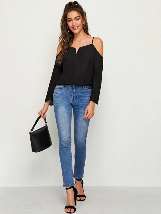 ノッチネック コールドショルダー ソリッド トップ