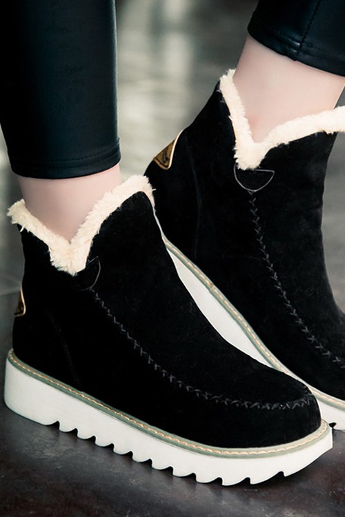 Round Toe Ankle Warm Slip-On Flat Plush Boots