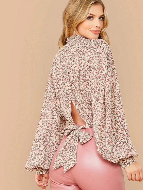  SHEINフリルネックランタンスリーブ背結び 小花柄トップ