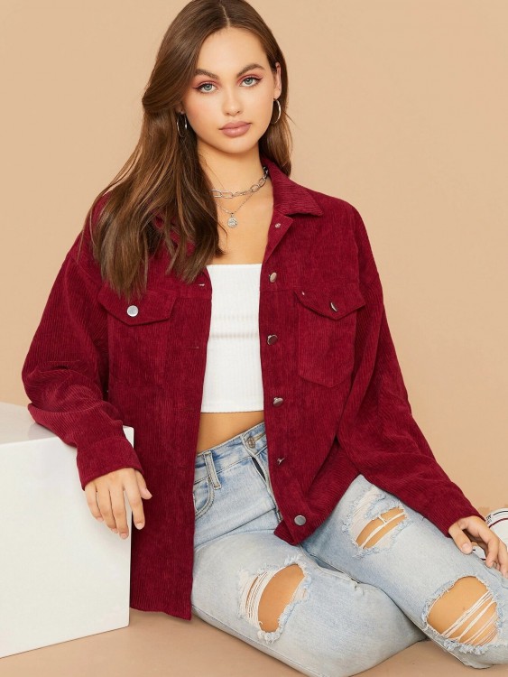 Flap Pocket Front Cord Coat