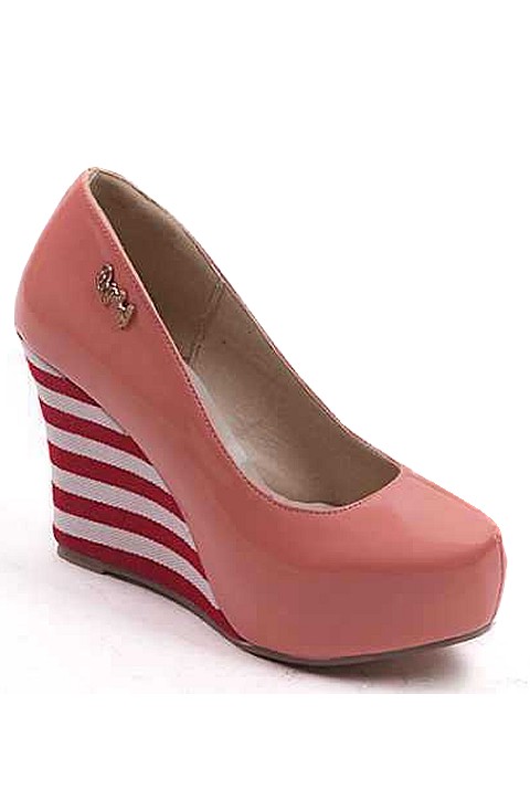 [NWOT] パテントレザー ストライプ柄ウェッジ プラットフォームパンプス　ピンク