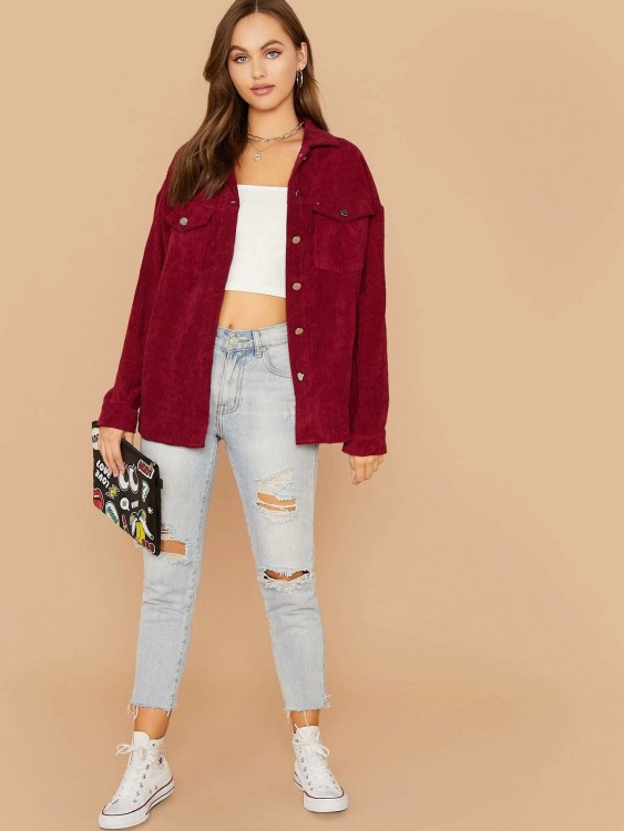 Flap Pocket Front Cord Coat