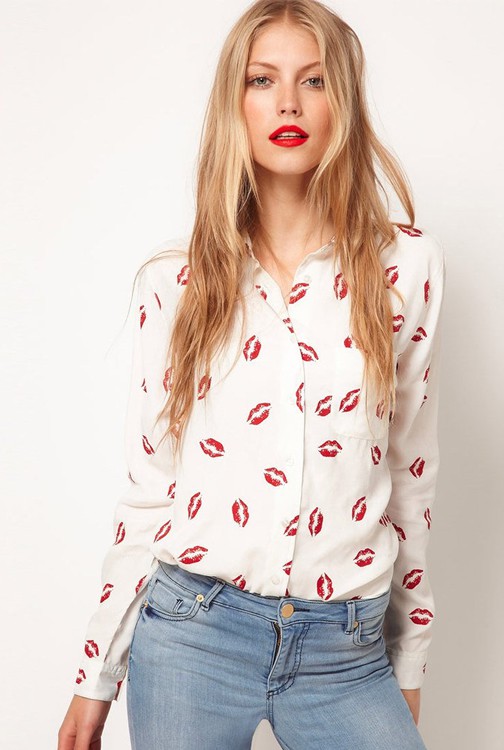 Red Lips Print long sleeve classic chiffion blouse