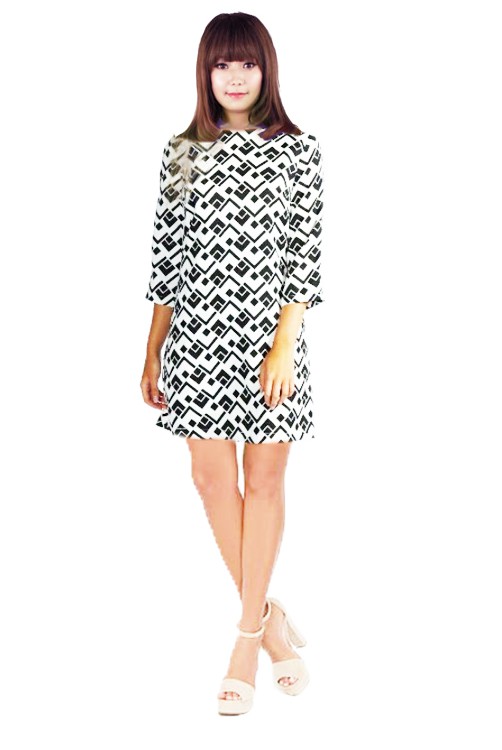 [NOWT] クオーター袖丈　ジオメトリックプリント　サマーミニドレス