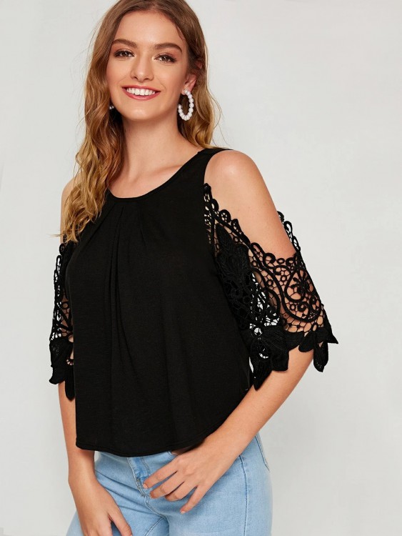 コールド ショルダー ギピュールレース パネル ソリッド トップ