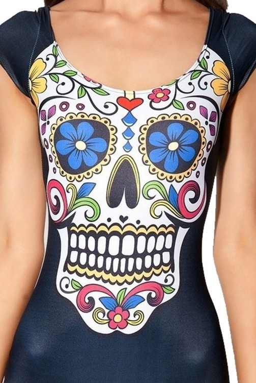 Sugar Skull Print Cup Ssleeve Backless One Piece Swimwear