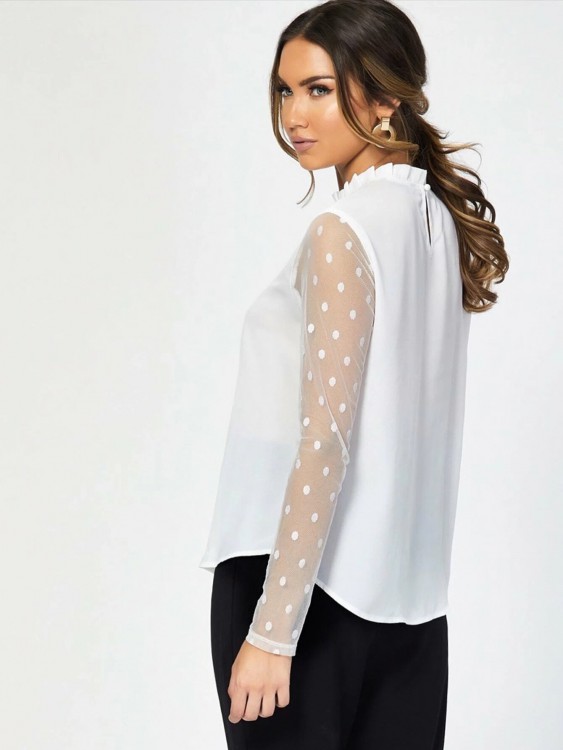 レーススリーブ フリルネック ブラウス