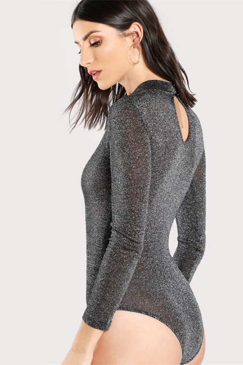 Mock Neck Long Sleeve Grey Glitter Bodysuit