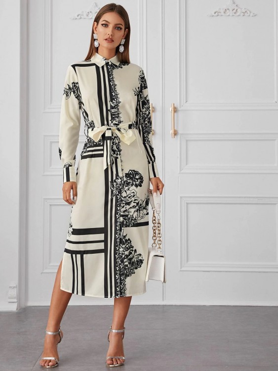 花とジオプリント 分割裾 ベルト シャツドレス