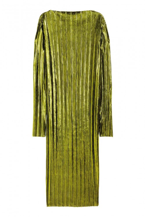 H&M プレミアム メタリックグリーン プリーツ Midi ドレス