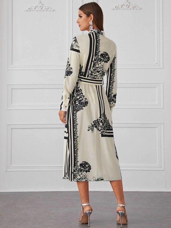 花とジオプリント 分割裾 ベルト シャツドレス