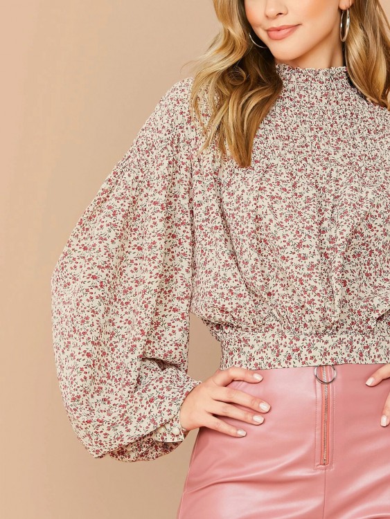  SHEINフリルネックランタンスリーブ背結び 小花柄トップ