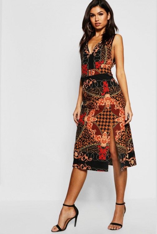 Chain Print Buckle Pinafore Midi Dress