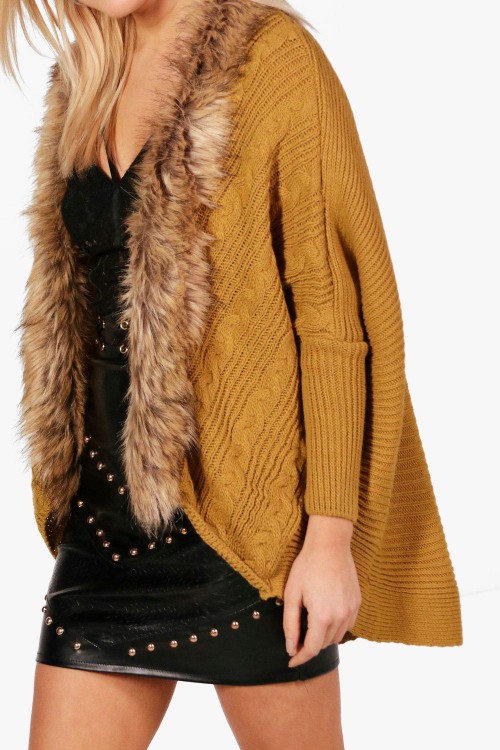 Katie Fur Trim Cable Cocoon Cardigan