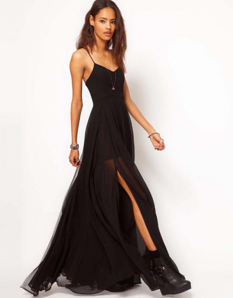 Black double layer floor chiffon skirt spaghetti strap maxi dress