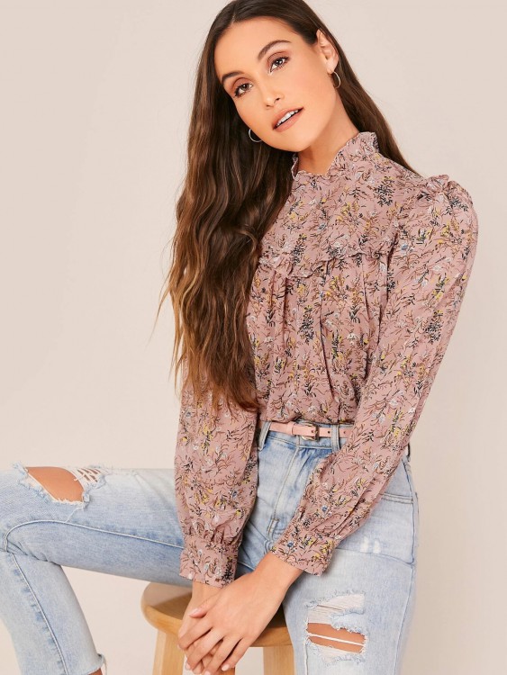 SHEIN ボタン付きバックフリルトリムフローラルプリントブラウス