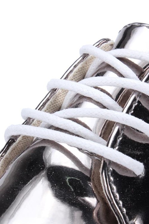 Pointed Toe Lace-up Silver Patent Leather Flats Platform Oxfords