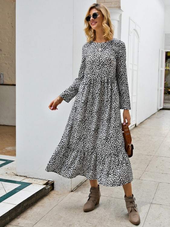 ダルメシアン プリント フリル裾 スモックドレス