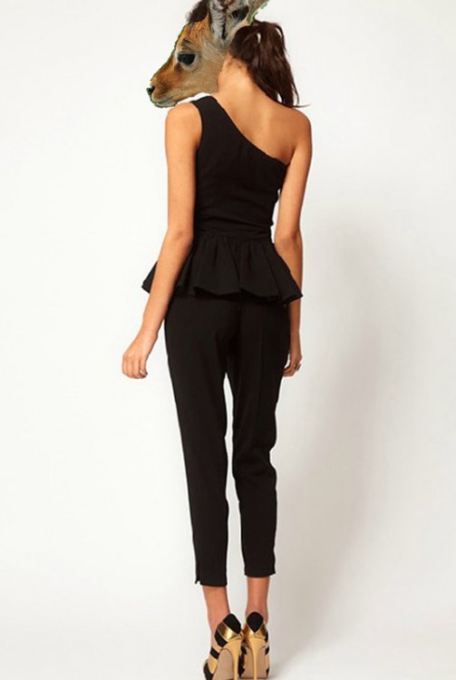 One Shoulder Ruffled Waist Slim Cropped Pants Jumpsuits