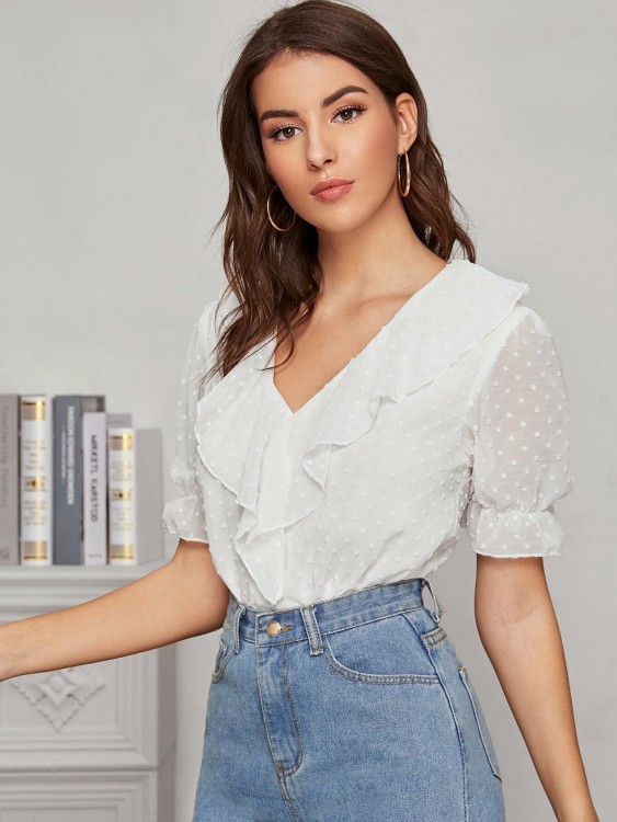 スイス ドット フリル トリム シアー ブラウス